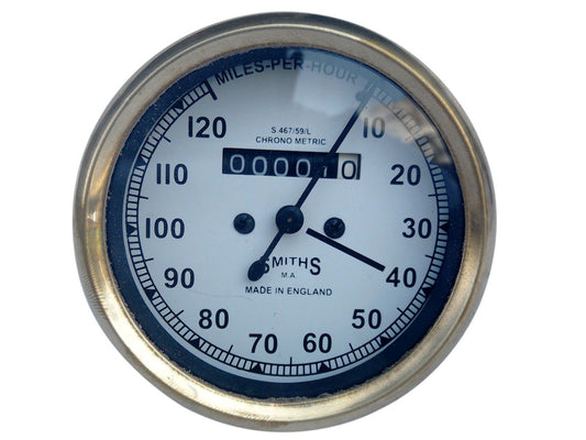 10-120/0-120MPH White Face Brass Speedometer - Royal Enfield /BSA