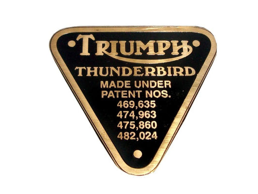 Vintage Triumph Thunderbird Timing Cover Patent Brass Plate Badge #70-4016E available at 