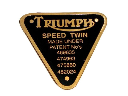 Vintage Triumph Speed Twin Timing Cover Patent Brass Plate Badge available at 
