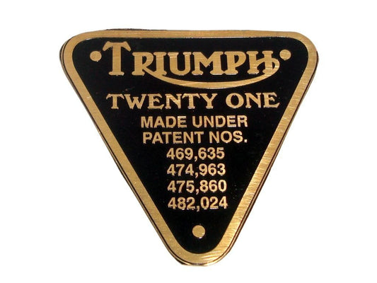 Vintage Triumph Twenty One Timing Cover Patent Brass Plate Badge available at 