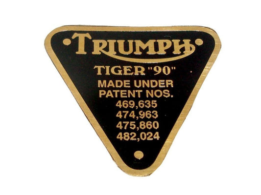 Vintage Triumph Tiger 90 Timing Cover Patent Brass Black Plate Badge available at 