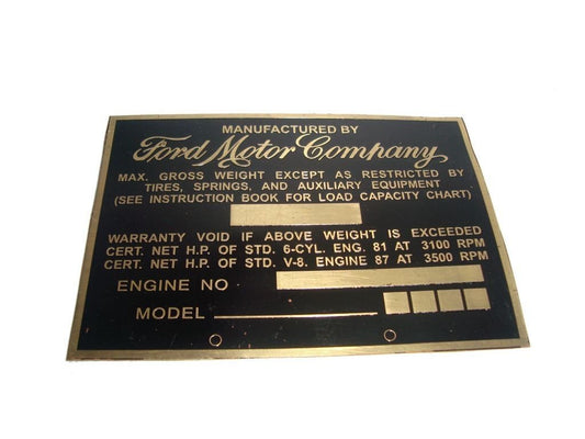 Vintage Ford Truck 1940S -1950S Blank Weight Data Plate Acid Etched Brass available at 