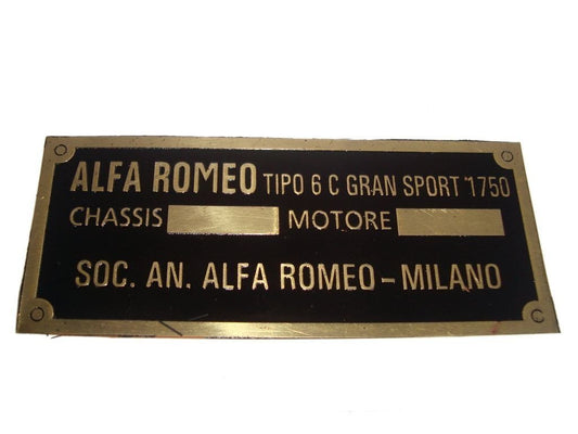 Vintage Alfa Romeo Blank Data Plate 1930 -50S Acid Etched Brass available at 