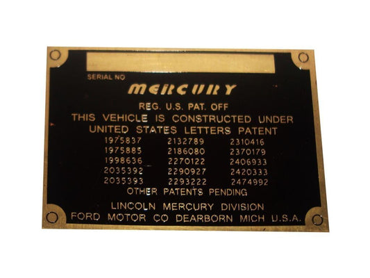 Rare Vintage Mercury Cars 1946-50X Blank Patent & Data Plate Acid Etched In Brass available at 