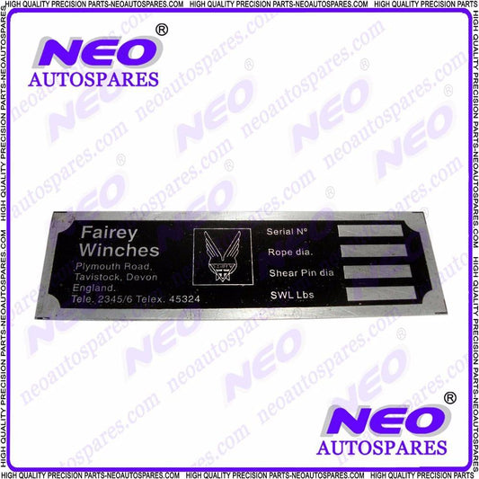 High Quality Rare & Unique Fairey Winch Serial Name Aluminum Data Plate available at 