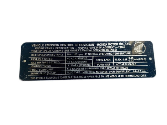 Hi Quality Data Plate Vehicle Emission Control Information - Honda 1979 - Cb750 available at 