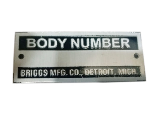 Body Number Briggs Acid Etched Black Data Plate Detroit, Mich ID Tag