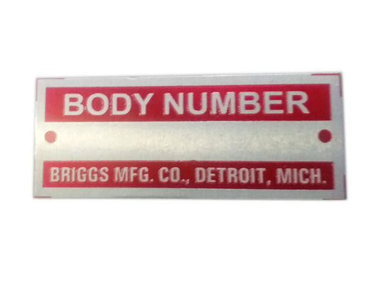 Body Number Briggs Acid Etched Red Data Plate Detroit, Mich ID Tag