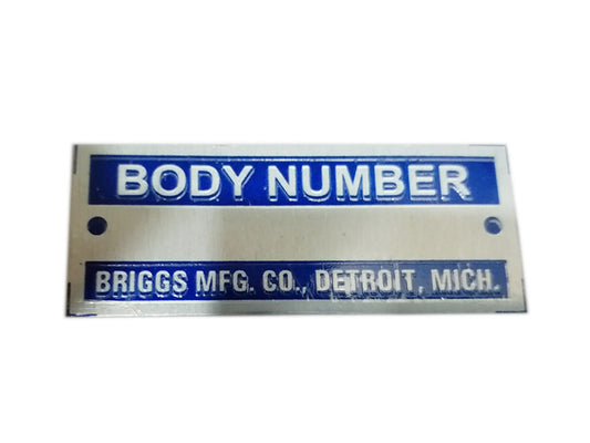 Body Number Briggs Acid Etched Blue Data Plate Detroit, Mich ID Tag