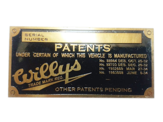 Willys Vehicle Serial Number Data Patents Plate Brass Made - Jeep