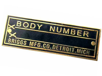 Body Number Black & Brass Briggs Acid Etched Data Plate Detroit, Mich Id Tag