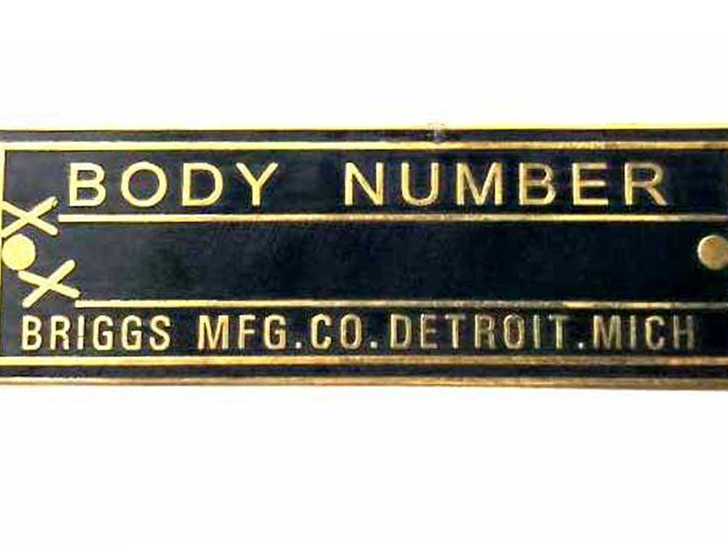 Body Number Black & Brass Briggs Acid Etched Data Plate Detroit, Mich Id Tag
