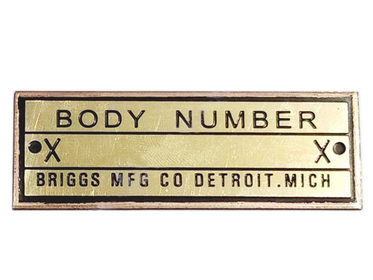Body Number Heavy Brass Briggs Acid Etched Data Plate Detroit, Mich Id Tag
