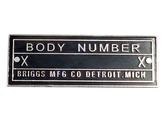 Body Number Chrome Brass Briggs Acid Etched Data Plate Detroit, Mich Id Tag