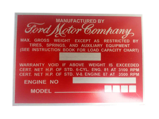 Ford Motor Company Aluminum Acid Etched Red Data Plate - Ford Truck 1940's-1950's