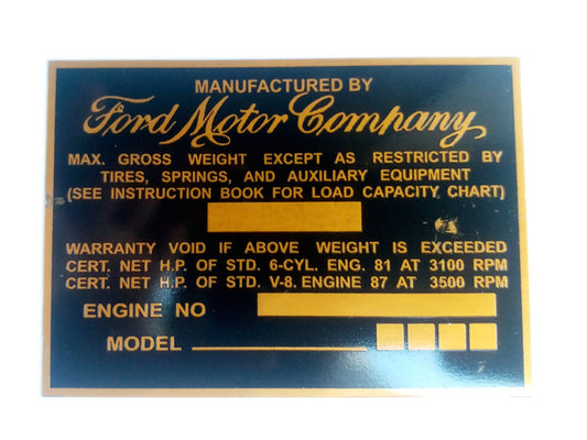 Ford Motor Company Aluminum Acid Etched Golden Data Plate - Ford Truck 1940's-1950's